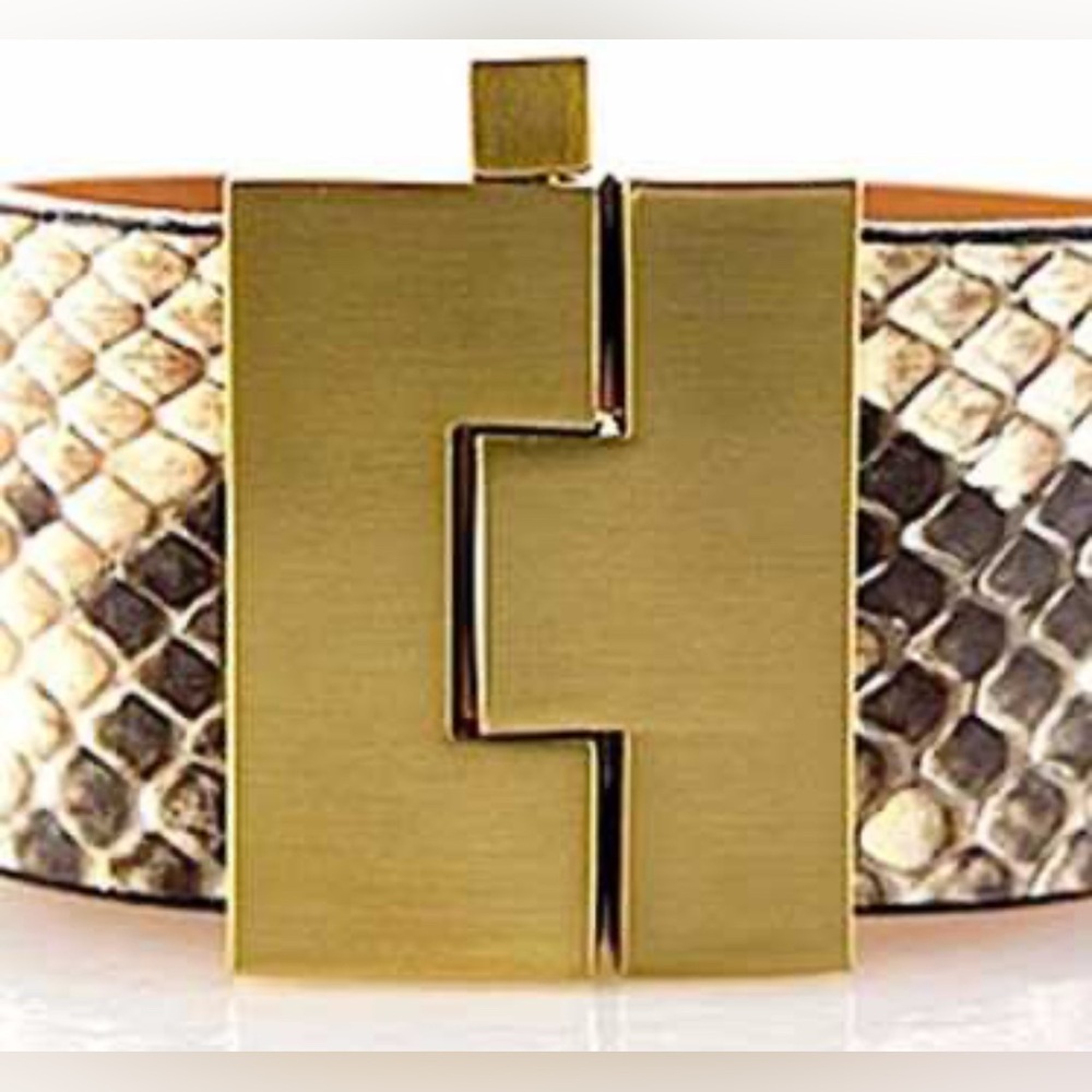 Leighelena Wide Natural Python Jigsaw Cuff Gold Bracelet